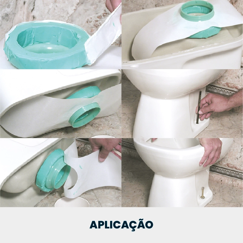 Sequência de imagens demonstrando a aplicação do ForteAnel, anel de vedação da Forte Plásticos para vasos sanitários, com destaque para encaixe, fixação e acabamento final.